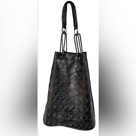 Handbags - Skull Black Purses Roomy Halloween Goth Embossed Tote Bag with Chain Handles